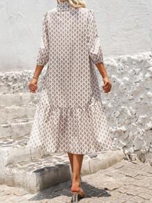 SHEIN LUNE 印花灯笼袖长裙女装 - 咖啡 - 查看 2
