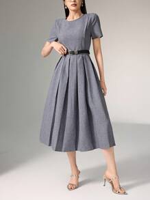 Heiryn 女式简约纯色褶边下摆收腰休闲连衣裙，夏季，不带腰带 - 灰色 - 查看 4