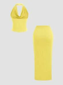 SHEIN Unity Off-The-Shoulder Backless Draped Neck Crop Top And Side Slit Skirt Set - Light Yellow - View 2
