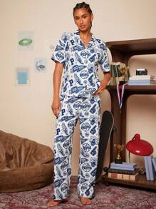 PEPSI X SHEIN 女式全身字母印花前扣短袖上衣和长裤睡衣套装 - 藍色 - 查看 1