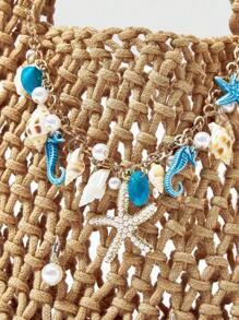 ROMWE Fairycore 1 件深蓝色海洋元素编织沙滩包，夏季假期风格，包含 1 个包和 1 套配件，适合 DIY 女士手提包 - 米色 - 查看 3