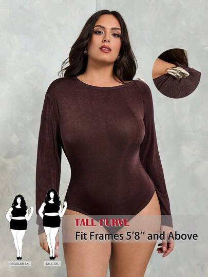 SHEIN Tall CURVE 加大码现代时尚扭纹金属装饰长袖紧身衣，女士正式性感服装