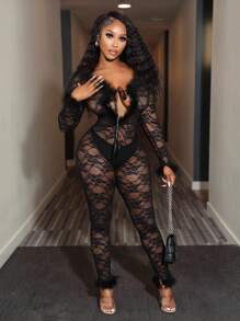 BamGleam Damski, półprzezroczysty, koronkowy kombinezon z długim rękawem i ozdobnymi piórkami, odpowiedni na lato i jesień - Czarne - Zobacz 5