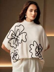 Anewsta Áo len dệt kim thêu hoa cổ đứng tay cánh dơi cho nữ - trắng - Xem 4