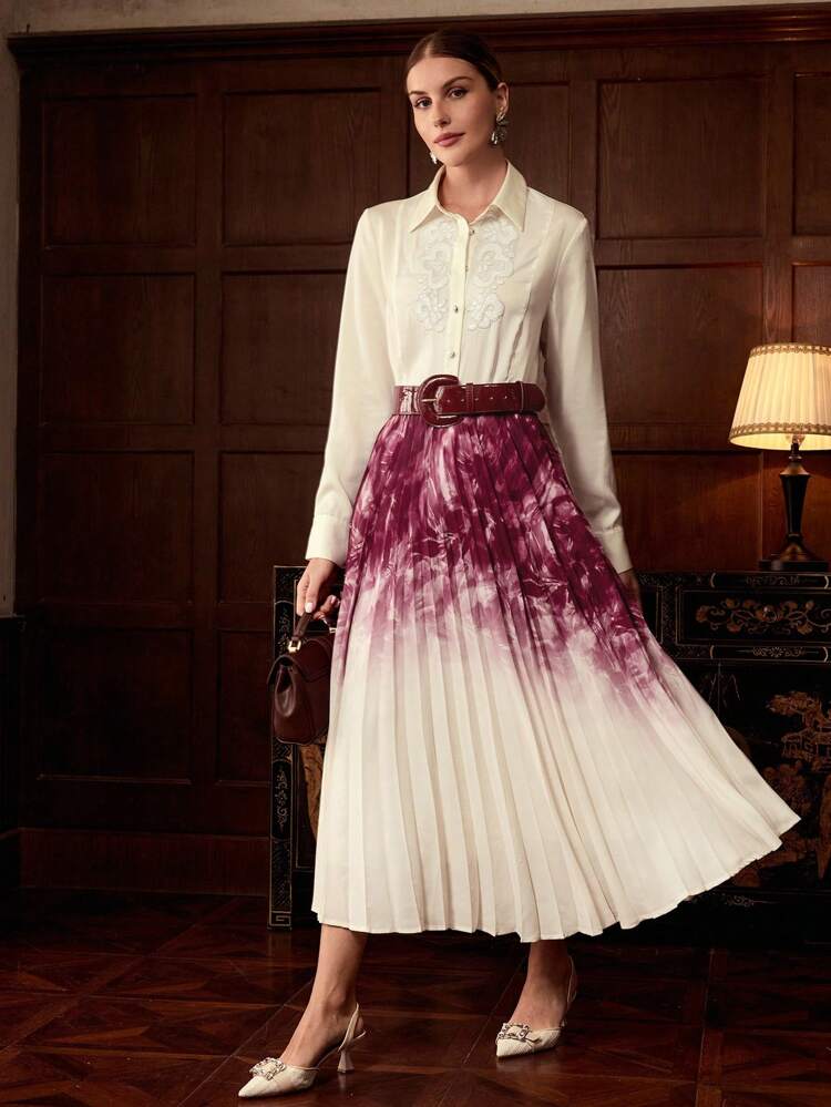 ZEYLAH Ombre Umbrella Print Maxi Skirt, Elegant Design For Early Autumn
