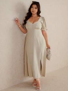 Elaquor Plus Size Women Square Neck Short Sleeve Draped Back Dress, Apricot Color Casual Vacation Day Dress For Plus Size - Apricot - View 6