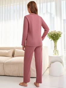 EURMUSE 100% Cotton 2Pcs  Injection Slogan Printed With Contrast Stitching Detail Lounge Set - Dusty Pink - View 2