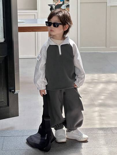 DAZY 儿童秋装男童（幼儿）羊毛卫衣套装，休闲宽松拼色街头风格，秋季