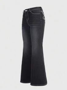 ROMWE Grunge Punk Women's Casual Washed Rhinestone Flared Jeans - Black - View 3