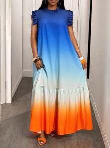 Slaydiva 加大度假日常休闲日常出游宽松渐变印花无袖荷叶边拼接立领女装加大码特长连衣裙2025春夏 - 彩色 - 查看 4