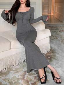 DAZY French Style Ruched Drawstring Collar Form-Fitting Long Women's Nightgown, Fall Pajama - Dark Grey - View 4