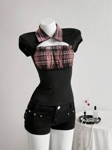 Elamini 女士休闲复古格子拼布衬衫领短袖T恤