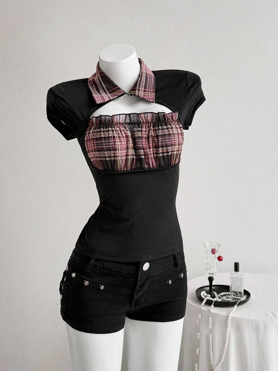 Elamini 女士休闲复古格子拼布衬衫领短袖T恤