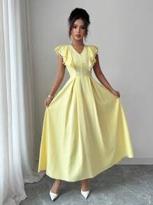 Modelyn Vestido de mujer con cuello en V estilo francés y mangas con volantes - Amarillo claro - Ver 5