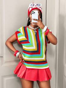 BamGleam Knitted Sweater  New Style Women Knit Top, Casual Sleeveless Knitted Vest, Rainbow Dopamine Design - Multicolor - View 4