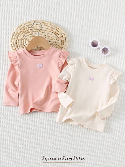 Cozy Pixies 2pcs Baby Girl Bow Decor Ruffle Crew Neck Long Sleeve Pullover Top, Versatile And Comfortable Baby Girl Ruffle Long Sleeve Top Baby Girl Long Sleeve Shirt Fall Winter