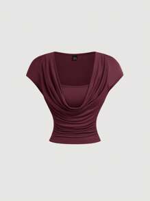 SHEIN MOD Elegant Scoop Neck Ruched Slim Fit Burgundy T-Shirt, Summer,Burgundy Cowl Neck Top For Wedding Guest Party, Soft Stretch Knit Fabric, Quiet Luxury Old Money Style, Slim Fit Draped Short Sleeve Top, Elegant Cocktail Party Outfit For Reception, Date Night, Holiday Gathering, Formal Evening Wear - Burgundy - View 1