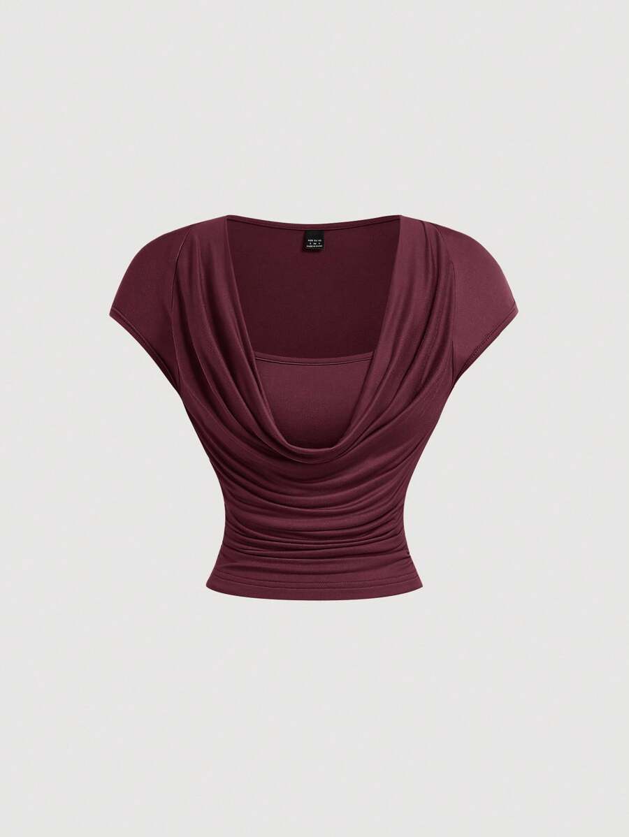 SHEIN MOD Elegant Scoop Neck Ruched Slim Fit Burgundy T-Shirt, Summer,Burgundy Cowl Neck Top For Wedding Guest Party, Soft Stretch Knit Fabric, Quiet Luxury Old Money Style, Slim Fit Draped Short Sleeve Top, Elegant Cocktail Party Outfit For Reception, Date Night, Holiday Gathering, Formal Evening Wear - Burgundy - View 1