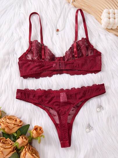Elegante Bordeaux Kanten BH Mini Shorts Set Gorgeous Bloemen Lingerie view 2