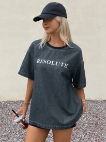 Livesso 女式休闲字母印花牛仔衬衫，夏季 - 藍色 - 查看 1