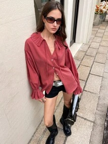 Chiquease V-Neck, Accordion Pleats, Tie-Neck Long Sleeve Blouse - Watermelon Pink - View 5