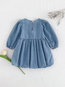 Cozy Pixies 女婴蝴蝶结装饰圆领泡泡袖束腰连衣裙 - 藍色 - 查看 2