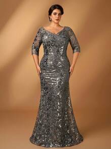 Serin Robe sirène à col V gris foncé élégante et luxueuse en maille sequins et dentelle brodée avec manches évasées. Convient pour les événements formels, les fêtes, les sorties, les vacances, les mariages, la mère de la mariée (grande taille)