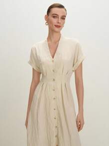 BizChic 2025年夏季新款V领优雅淑女连衣裙，适合音乐节派对、婚礼嘉宾、早午餐、休闲、通勤、约会、毕业、百搭春夏 - 米色 - 查看 6