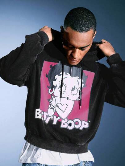 Betty Boop | ROMWE Sudadera con capucha suelta y cordón de hombre con gráfico de figura de dibujos animados y letras, desgaste casual de calle, primavera/otoño