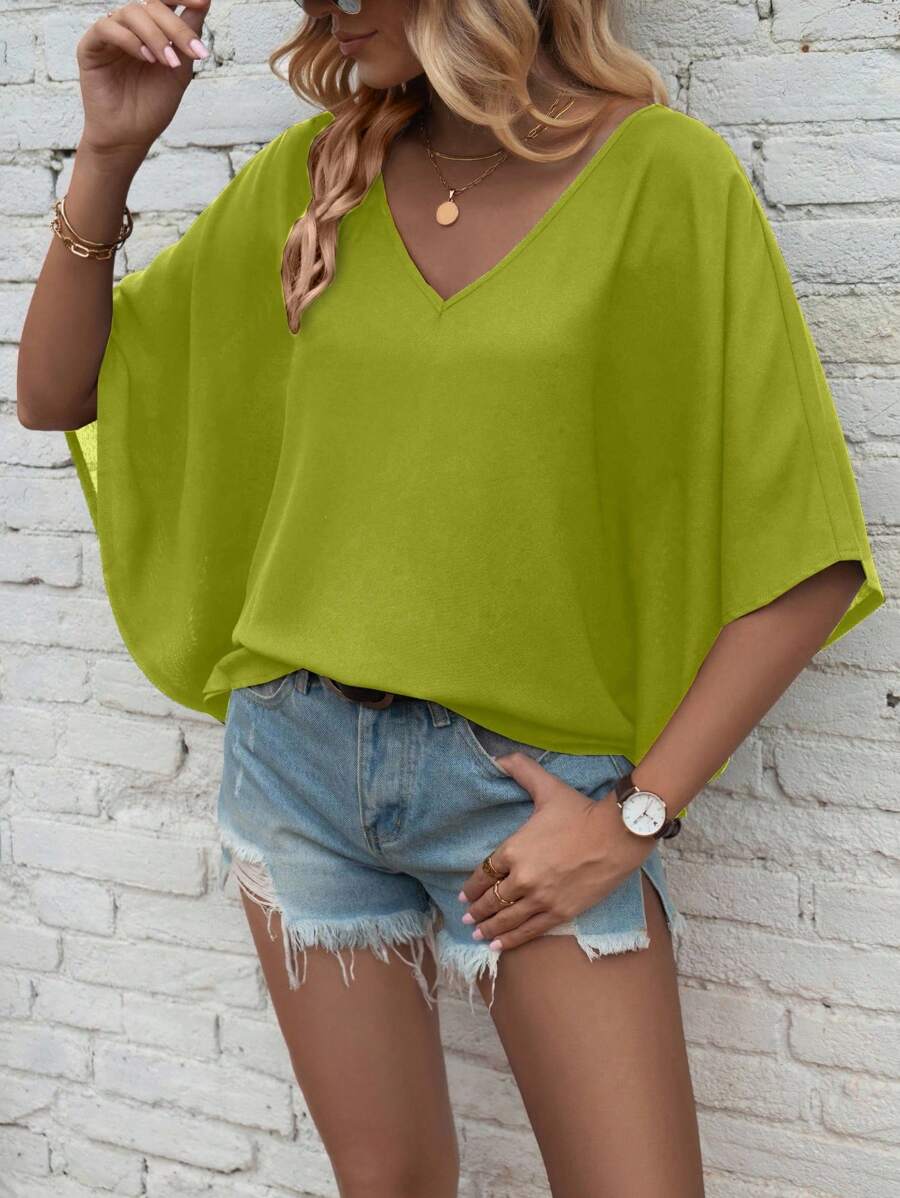 EMERY ROSE 女士休闲蝙蝠袖纯色度假衬衫 - 綠色 - 查看 1