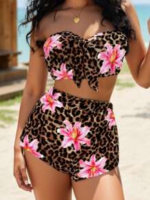 SHEIN EZwear 2pcs Women's Vacation Beach Leopard Floral Print Bandeau Top And Shorts Set Suitable For Going Out - Multicolor - View 1