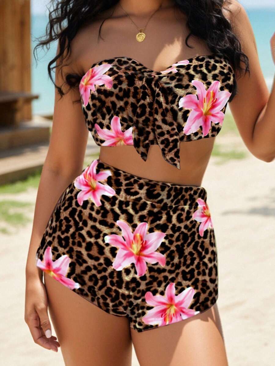SHEIN EZwear 2pcs Women's Vacation Beach Leopard Floral Print Bandeau Top And Shorts Set Suitable For Going Out - Multicolor - View 1