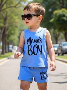 SHEIN 2pcs/Set Baby Boy Fashion Simple Letter Print Tank Top & Shorts Set, Suitable For Outing In Summer - Blue - View 1