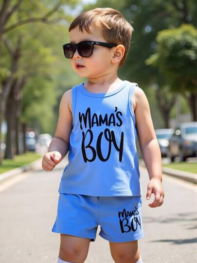 SHEIN 2pcs/Set Baby Boy Fashion Simple Letter Print Tank Top & Shorts Set, Suitable For Outing In Summer