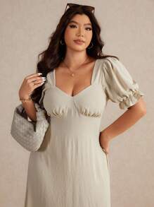 Elaquor Plus Size Women Square Neck Short Sleeve Draped Back Dress, Apricot Color Casual Vacation Day Dress For Plus Size - Apricot - View 5