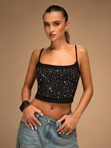 SHEIN BAE 女士休闲时尚水钻装饰性感短款吊带背心 - 黑色 - 查看 1