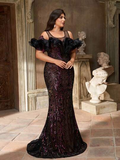 Aureia 加大码优雅华丽黑色造型领口不对称荷叶边设计奢华定位亮片刺绣修身鱼尾下摆加尾巴适合晚餐单身派对约会舞会返校毕业季婚礼活动晚礼服（重型工作模型）婚礼宾客正式礼服哥特式服装