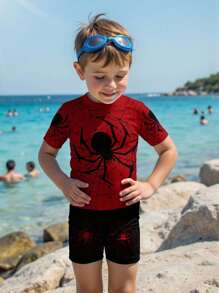 Boys Casual Loose Round Neck Short Sleeve T-Shirt & Shorts 2-Piece Swimwear Set, Suitable For Summer