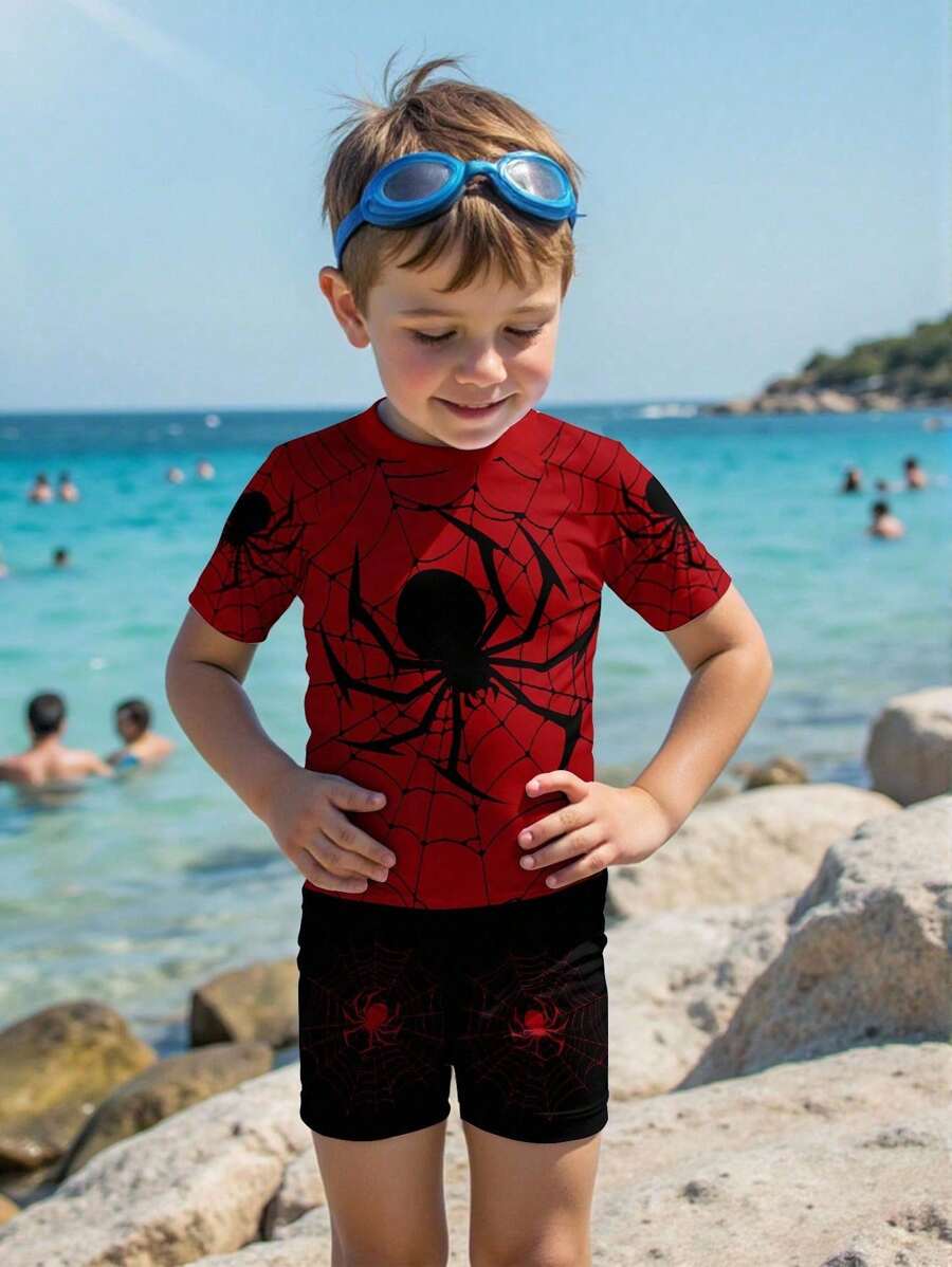 Boys Casual Loose Round Neck Short Sleeve T-Shirt & Shorts 2-Piece Swimwear Set, Suitable For Summer