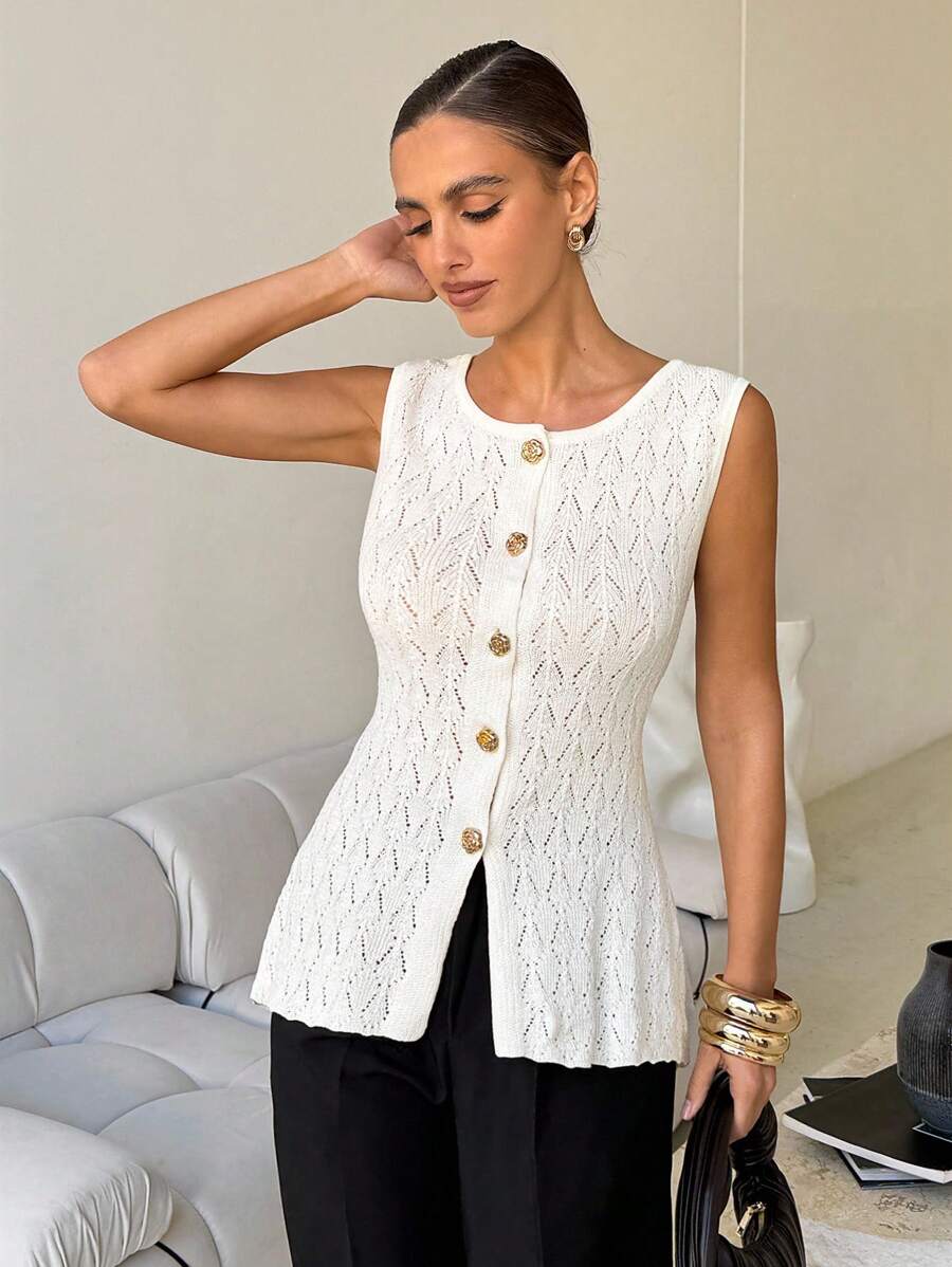 SHEIN Lavishia 女士镂空修身开衫，适合夏秋季 - 米色 - 查看 1