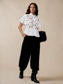 Florisole Women's Elegant White Lace Panel Blouse, Featuring A Sophisticated Semi-Sheer Design, Ruffled Stand Collar, And Stylish Short Sleeves With A Flattering Peplum Hem. All White - White - View 2