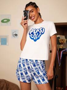 PEPSI X SHEIN 女士字母图案短袖上衣和短裤睡衣套装 - 白色 - 查看 7