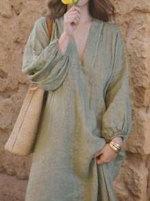 INAWLY Women Solid Color Elegant Romantic Backless Long Sleeve Casual Dress, Suitable For Daily/Holiday Wear Fall Cloth For Women - Green - View 3