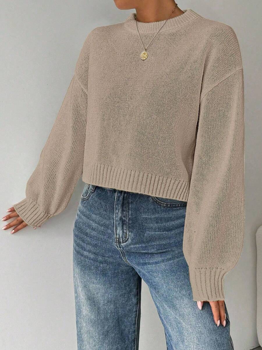 EMERY ROSE Women's Solid Color Simple Casual Crew Neck Long Sleeve Sweater Knit Pullover Fall Winter - Khaki - View 1