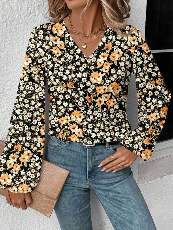 EMERY ROSE Casual V-Neck Long Sleeve Shirt For Women, Suitable For Autumn/Winter