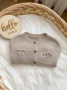 SHEIN Babygirl 杏色蝴蝶结针织开衫，百搭秋冬 - 杏色 - 查看 5