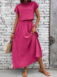 EMERY ROSE 2pcs/Set Women Vacation Casual Solid Color Shirt And Skirt - Hot Pink - View 3