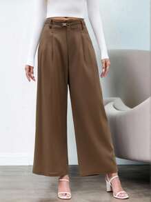 Modelyn Women French Elegant Style Button Closure Loose Wide Leg Pants, Solid Color Fall Cloth For Women - Khaki - View 1