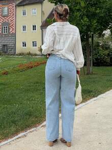 Jeta Ari 斜口袋休闲高腰阔腿牛仔裤 - 淺色水洗藍 - 查看 2