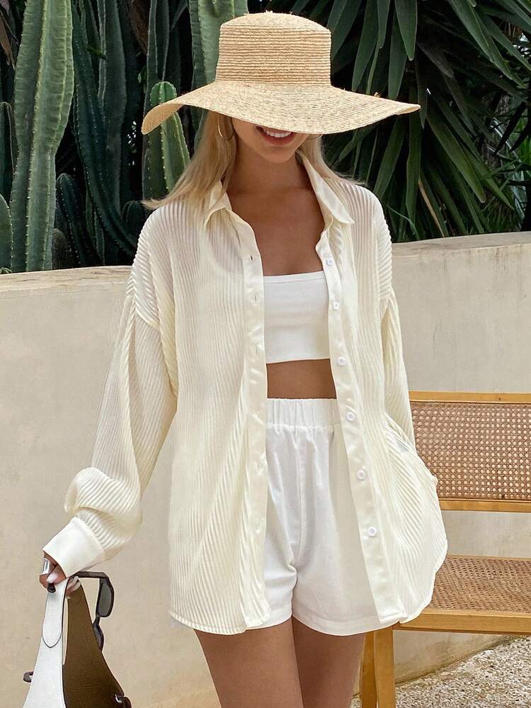 Women's Pleated Loose Casual Shirt, Beige Vacation Long Sleeve